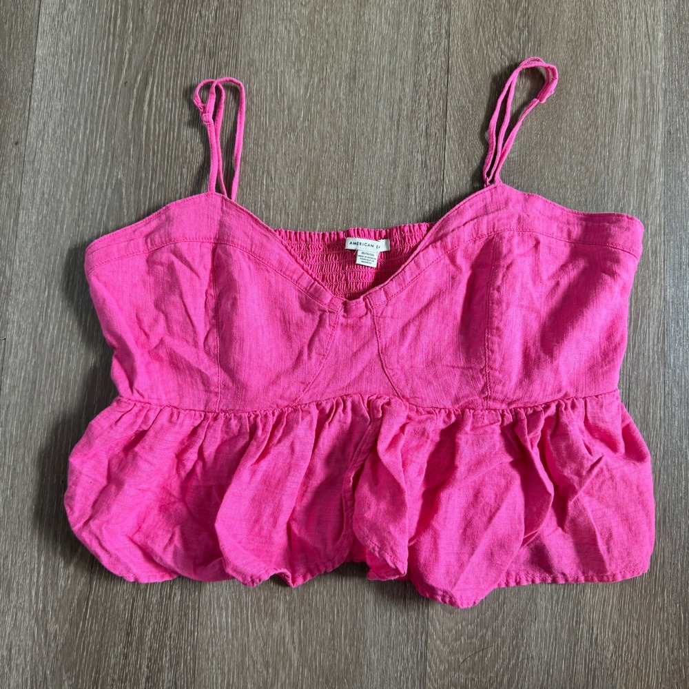 American Eagle Pink Linen Blend Peplum Cami Top XL Sweetheart Smocked Back